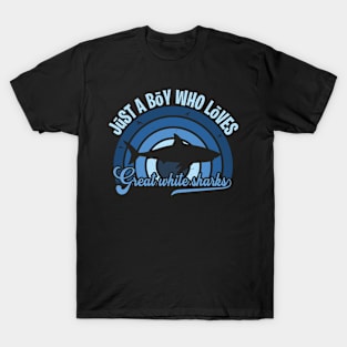 Funy Quote Just A Boy Who Loves great white sharks Blue 80s Retro Vintage Sunset Gift IdeA for boys T-Shirt